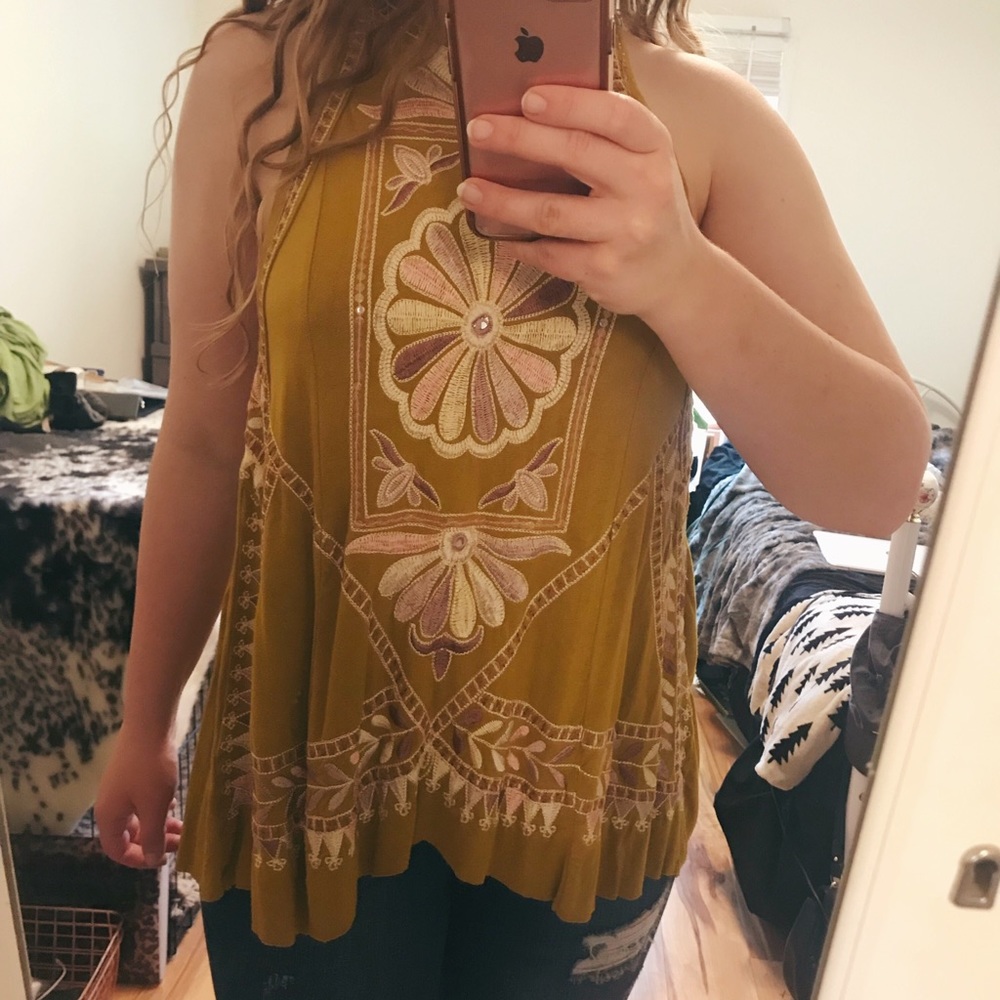 Free People High Neck Embroidered Mustard Top